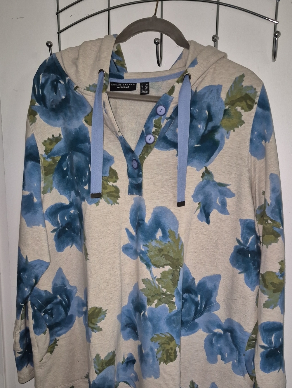 Susan Graver Cream Hoodie with Blue Floral Print
